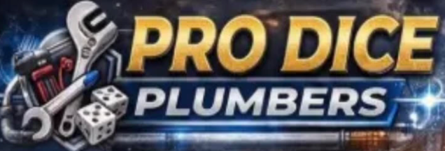 Pro Dice Plumbers logo with wrench, dice and tools on dark background